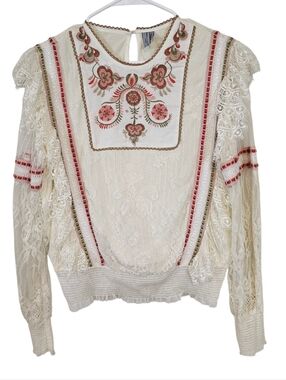 Blank London Anthropologie Tali Embroidered Floral Lace Bohemian Blouse
